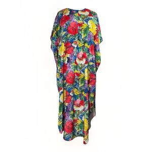 Vintage Cypress Caftan Maxi Muumuu Floral Rainbow Satin Embossed Batwing Cheetah